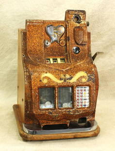 Mills Sweetheart Slot Machine: Highly collected Sweetheart QT 5 cent slot machine, circa 1920's, with appealing color and compact size of 19"x 11".