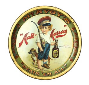 Appealing tin wall hanging whiskey advertising tray with humerous scene, measuring 12" in diameter.
