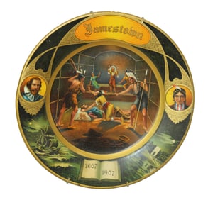 Great tin wall hanging tray with colorful Native American scene, measuring 10" in diameter.