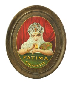 Colorful tin Fatima Cigarette advertising tray with moulded frame edge. Measuring 20"x 24".