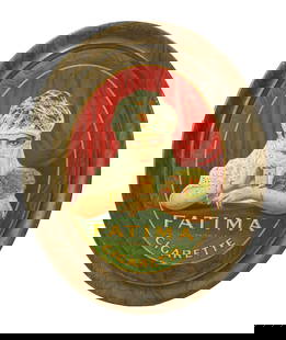 Fatima Cigar Advertisement: Colorful tin Fatima Cigarette advertising tray with moulded frame edge. Measuring 20"x 24".