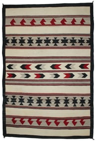 Handmade Navajo textile of Chinile and plant based dyes in an attractive banded pattern, measuring