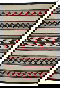 Native American Weaving: Handmade Navajo textile of Chinile and plant based dyes in an attractive banded pattern, measuring 51"x 76".