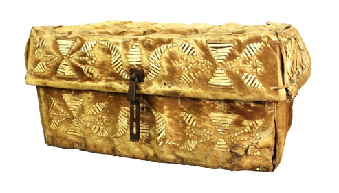 Dazzling, very early Spanish Colonial period, 18th Century hair-on cowhide traveling trunk, adorned