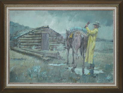 Frank Hagel Painting : Frank Hagel (1933-2024), Entitled "Comin' and Goin", Oil on canvas, dated 1971 and signed in right. Dimentions 24"x36".