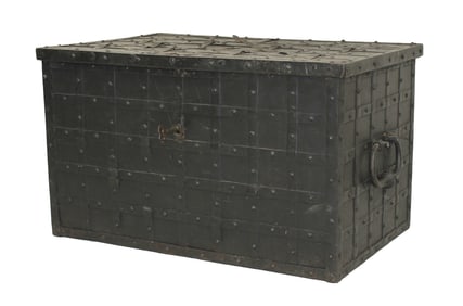 An original real Spanish Armada treasure chest, 17th to 18th Century, with forged iron straps over