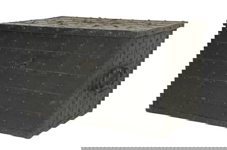 Spanish Armada Treasure Chest: An original real Spanish Armada treasure chest, 17th to 18th Century, with forged iron straps over wood, and great iron handles. From the collection of prominent southern California collector, William