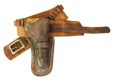 Collins and Morrison Gun Rig : Highly desired Nebraska made money belt and holster for a 5 1/2" single action Colt revolver with 45 caliber loops. Showing nice light russet color and markers marks.