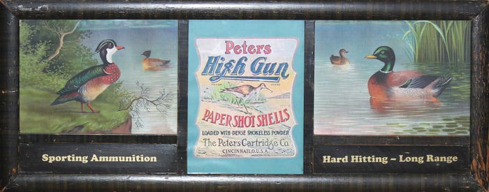 Appealing vintage advertisement for Peters Shot Shells, featuring brightly colored duck images and