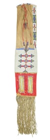 Stunning extra long Plains Indian pipe bag with uncommon beaded design, double sided, highlighted