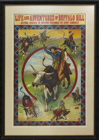 Colorful original 1912 poster advertising "The Life and Adventures of Buffalo Bill", with desirable