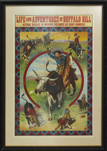Colorful original 1912 poster advertising "The Life and Adventures of Buffalo Bill", with desirable: Colorful original 1912 poster advertising "The Life and Adventures of Buffalo Bill", with desirable cowgirl focal point and great rodeo event action. Professionally framed and measuring 32"x 47".