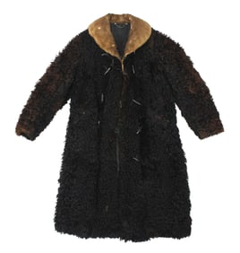 Fantastic frontierman's buffalo hide long coat, with great wooly hair, beaver hair collar, toggle