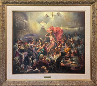 Large original oil on canvas, entitled "Payday". An action packed painting depicting a western