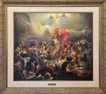 Large original oil on canvas, entitled "Payday". An action packed painting depicting a western: Large original oil on canvas, entitled "Payday". An action packed painting depicting a western saloon hall on Saturday night. In original gold gessoed frame measuring 47"x 51", image measuring 36"x 40