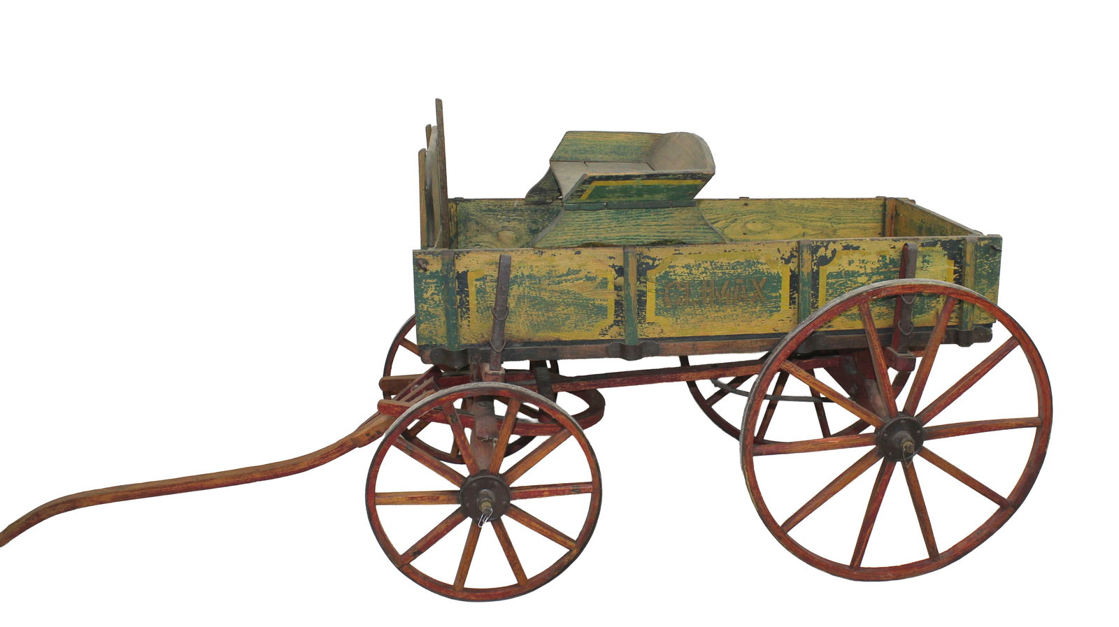 Climax Goat Wagon: Uncommon early 1900's small buckboard style wagon displaying a generous amount of its original paint and stencil, with "Climax" brand name centered on the box, and completed by it's tall wheels and or