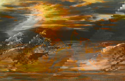 Displaying brilliant color, a beautiful western painting titled "Dust on the Prairie", (20th C.),