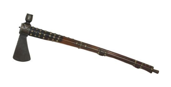 Fabulous Native American pipe tomahawk with pleasing iron head, clean-out in end, and highlighted