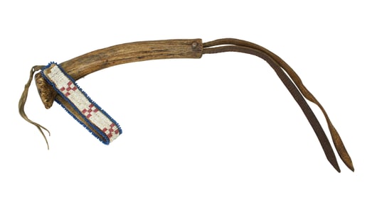 Wonderful late 1800's Native American quirt, using a beautifully patinaed deer antler, nicely beaded