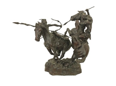 Wonderful large bronze depicting action packed Native American battle scene. Nicely signed on rear,