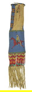 Extremely rare oversized Lakota figural beaded tobacco bag. A double-sided bag, featuring a great: Extremely rare oversized Lakota figural beaded tobacco bag. A double-sided bag, featuring a great horseback warrior with full trailer warbonnet on an uncommon periwinkle blue sinew sewn background on