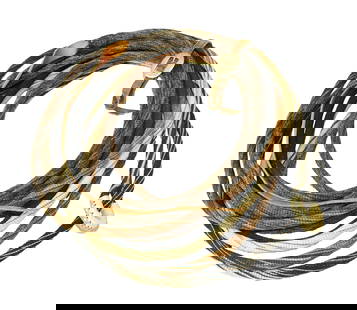  Prison Hitched Horsehair Rope : Beautifully hitched horsehair rope done with verigated colors decoratively spiraling throughout the length of the rope, measuring approximately 32 feet long.