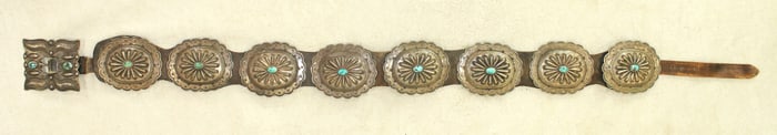Large Native American silver concho belt with 8 mounded 3 3/4" scalloped conchos centered with