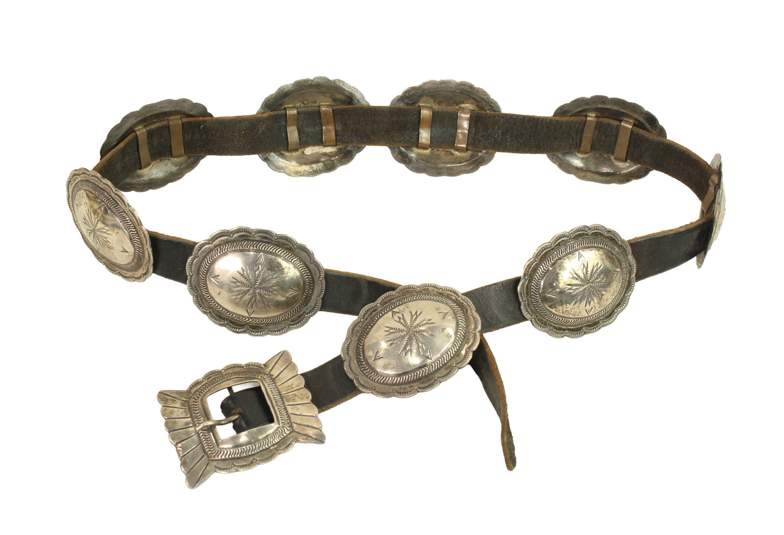 Navajo Concho Belt : Very nice "old pawn" silver concho belt with 9 beautifully hand crafted 3" conchos and appealing square buckle. Showing nice patina and style, measuring 44" long.
