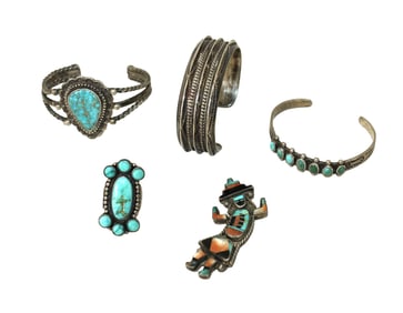 A great grouping of nice "Old Pawn" Navajo jewery with 5 sterling silver items that include three
