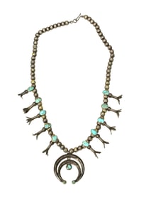 Fine sterling silver "Old Pawn" squash blossom necklace with artistic silver blossoms, beads and
