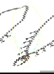 Navajo Squash Blossom Necklace : Fine sterling silver "Old Pawn" squash blossom necklace with artistic silver blossoms, beads and naja, accented by richly colored turquoise.