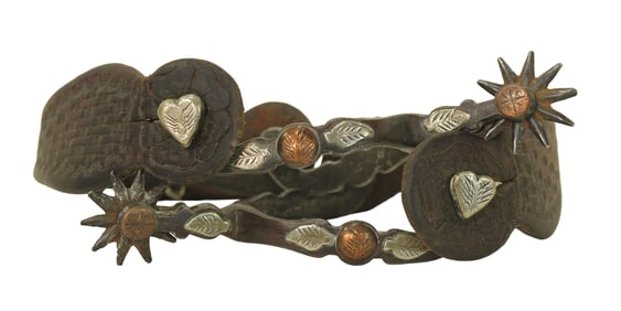 Highly sought after extra small two tone spurs, with rare double mounted leaf pattern on scalloped