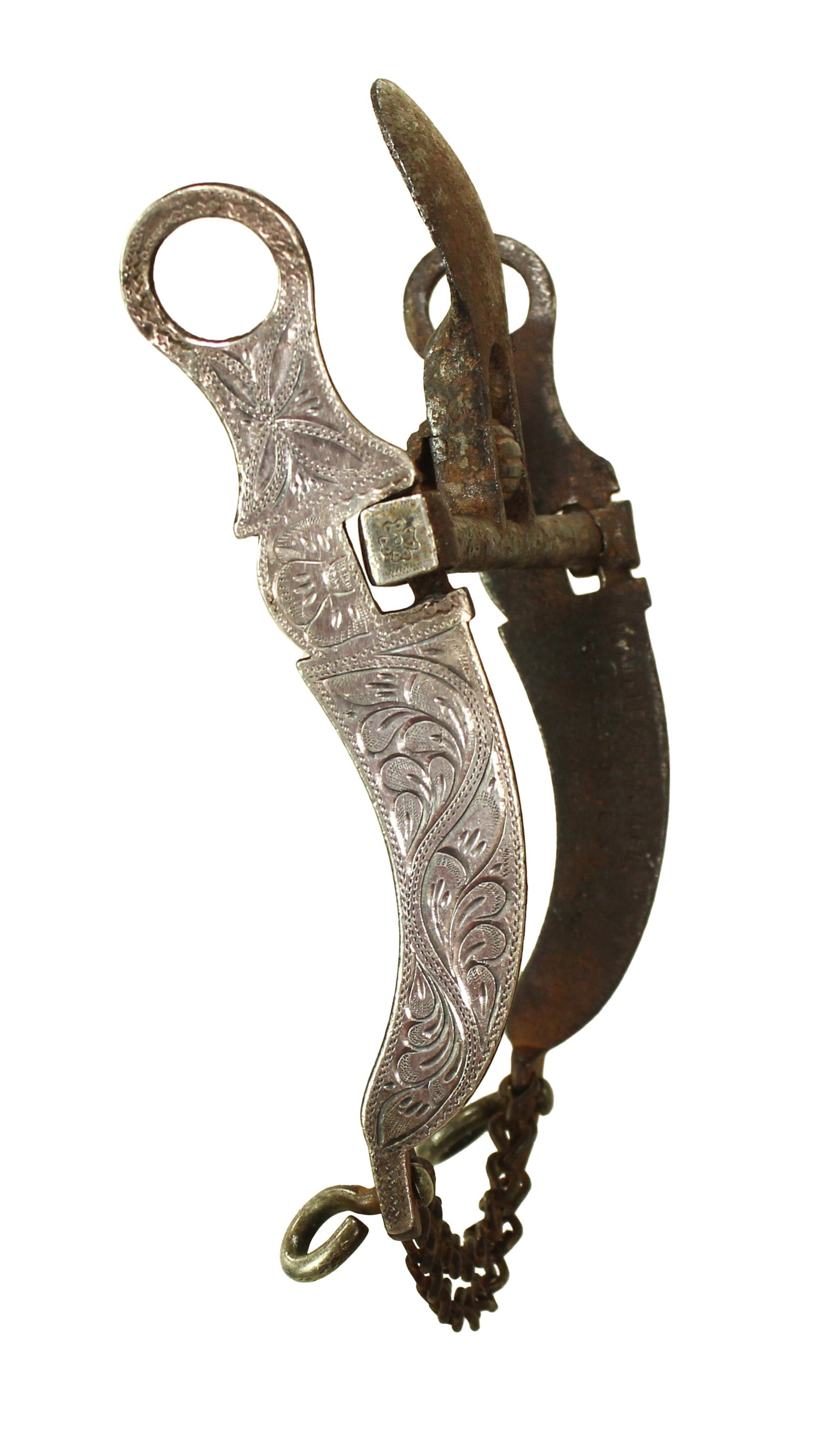 A seldom seen loose jaw bit with exagerated spoon mouth piece, beautifully full silver overlaid: A seldom seen loose jaw bit with exagerated spoon mouth piece, beautifully full silver overlaid cheeks, and finished with rarely seen "LaConte" address maker mark.