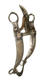 Rarely seen loose jaw spade bit with unusual engraved silver mounting, topped off with a desirable