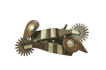 A super clean pair of single mounted spurs with classic Kelly Bro's engraving, swinging buttons,