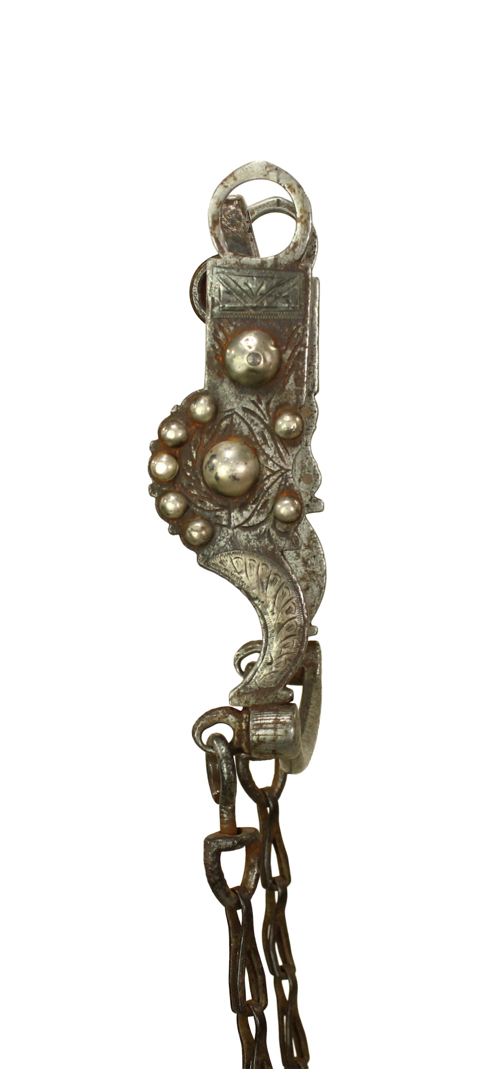 Very rare and early iron halfbreed bit with distinctive engraved silver inlay, accented with domes: Very rare and early iron halfbreed bit with distinctive engraved silver inlay, accented with domes and topped off with unique original rein chains.