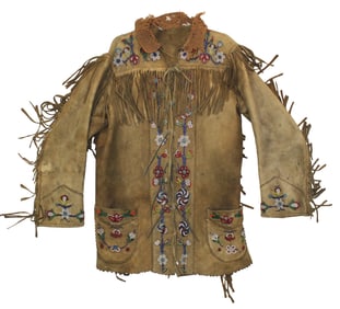 Decorative Northern Plains heavy hide jacket, fancily beaded with great colored floral pattern and