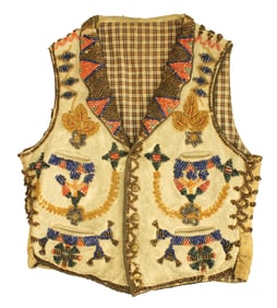 Interesting heavily beaded vest with unique bead pattern and style, with nice eye appeal.