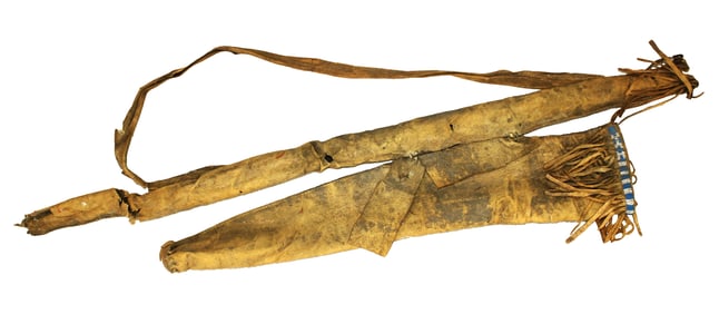 Hard to find Northern Plains bow case and arrow quiver, with great age and color, lightly beaded and