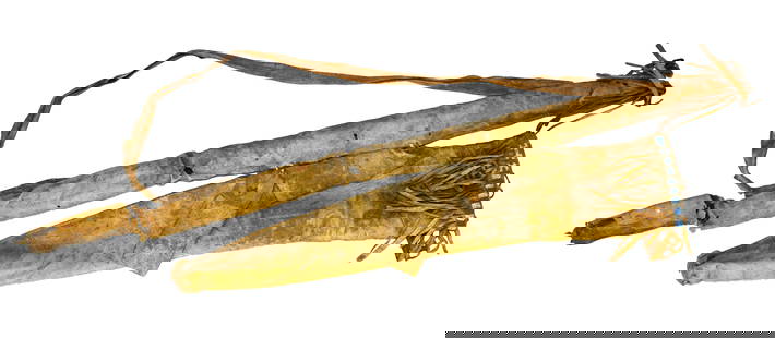 Hard to find Northern Plains bow case and arrow quiver, with great age and color, lightly beaded and: Hard to find Northern Plains bow case and arrow quiver, with great age and color, lightly beaded and fringed trim, and showing frontier use.