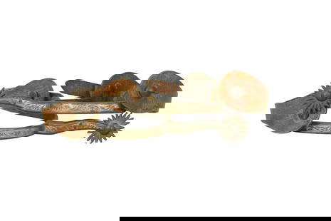 An early pair of single inlaid silver spurs with deeply engraved offsides, and nice maker's marks.: An early pair of single inlaid silver spurs with deeply engraved offsides, and nice maker's marks.