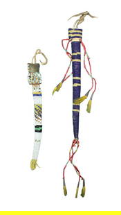 A pair of nicely done Native American beaded awl cases, with attractive bead patterns and: A pair of nicely done Native American beaded awl cases, with attractive bead patterns and exceptional decorative quilled drops.