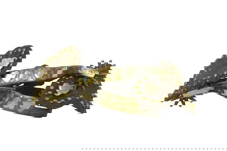 Desirable double mounted four heart pattern spurs using a two color design, swinging heart buttons: Desirable double mounted four heart pattern spurs using a two color design, swinging heart buttons and diamond offsides. Completed with studded straps.