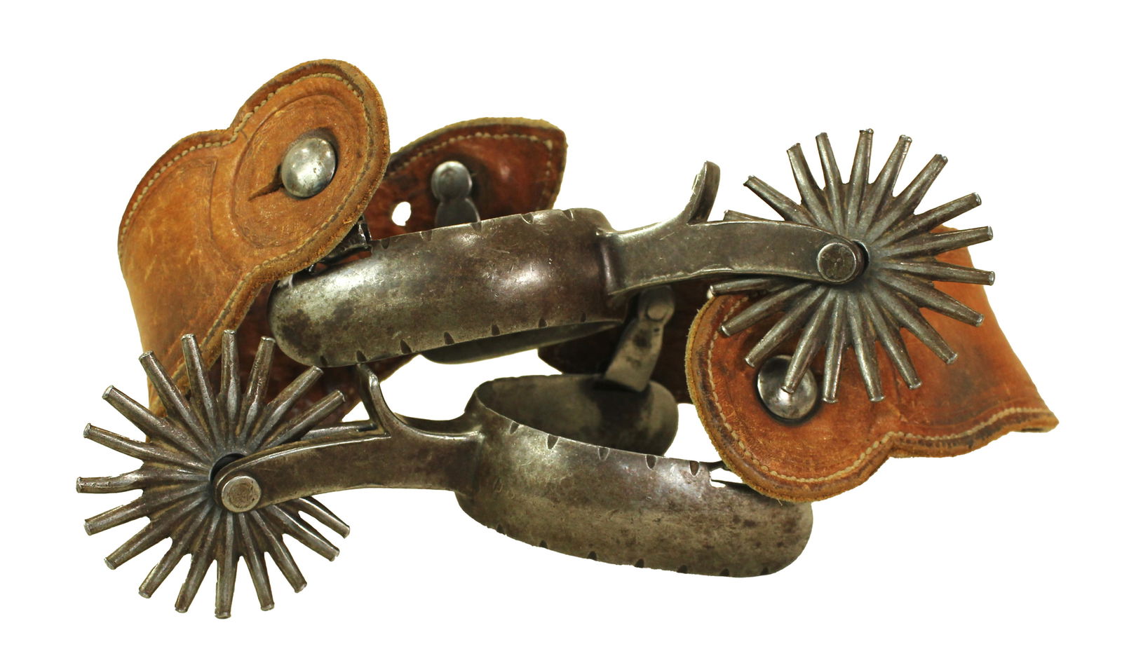 Stylish pair of large iron spurs with great chapgaurds and extra large rowels, maker marked Robert: Stylish pair of large iron spurs with great chapgaurds and extra large rowels, maker marked Robert Hawkins 142 inside the heelbands.