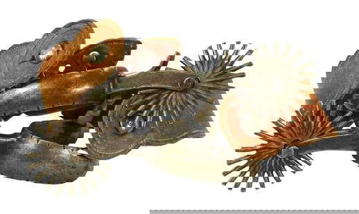 Stylish pair of large iron spurs with great chapgaurds and extra large rowels, maker marked Robert: Stylish pair of large iron spurs with great chapgaurds and extra large rowels, maker marked Robert Hawkins 142 inside the heelbands.