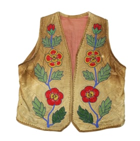 Nice leather vest with Plateau style beaded floral pattern with pleasing colors. Approximate size