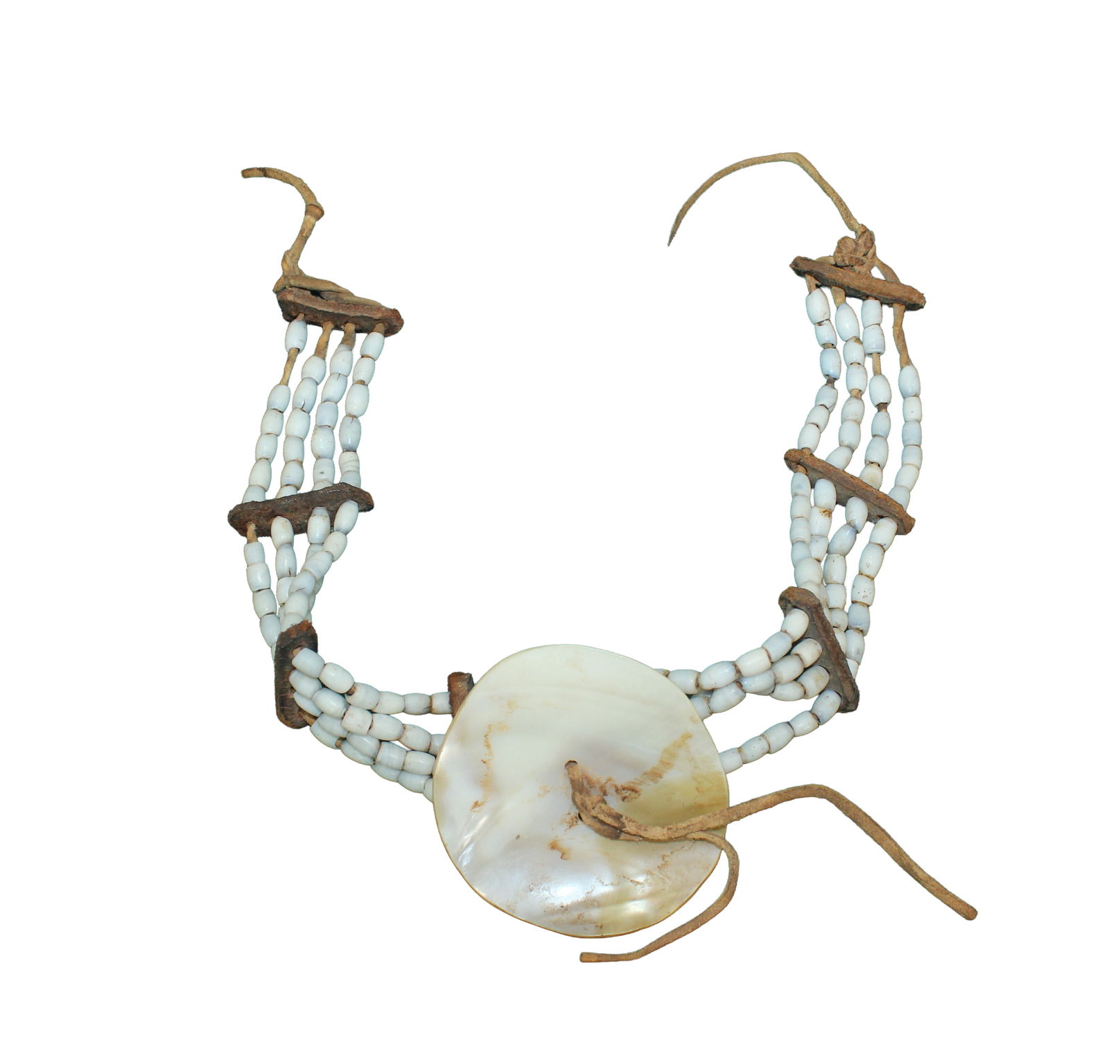 An extra appealing Northwest necklace nicely done wiith shell beads on buckskin with harness leather (1 of 1)