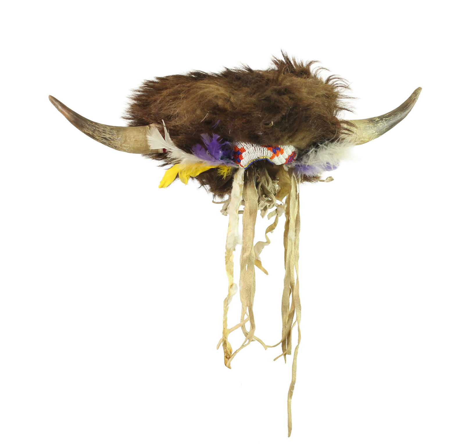 Interesting and seldom seen split horn ceremonial head dress with great thick buffalo hide, horns, (1 of 2)
