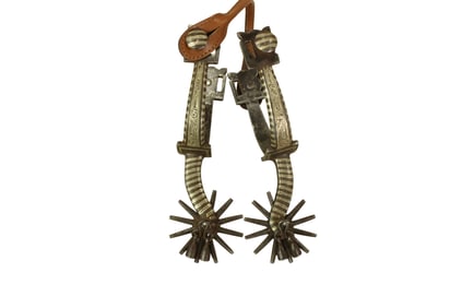 Large pair of California style spurs, single mounted with nice silver inlay, oversized rowels and