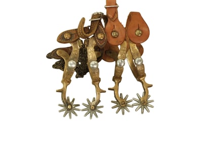 Two pair of nice Hercules bronze "single dot" pattern spurs, one with Buerman markings, and the